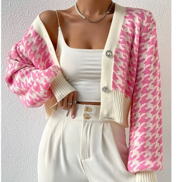 New to Posh C 🔆| Euro Style Houndstooth Pattern Lantern Sleeve Cardigan - Picture 7 of 8